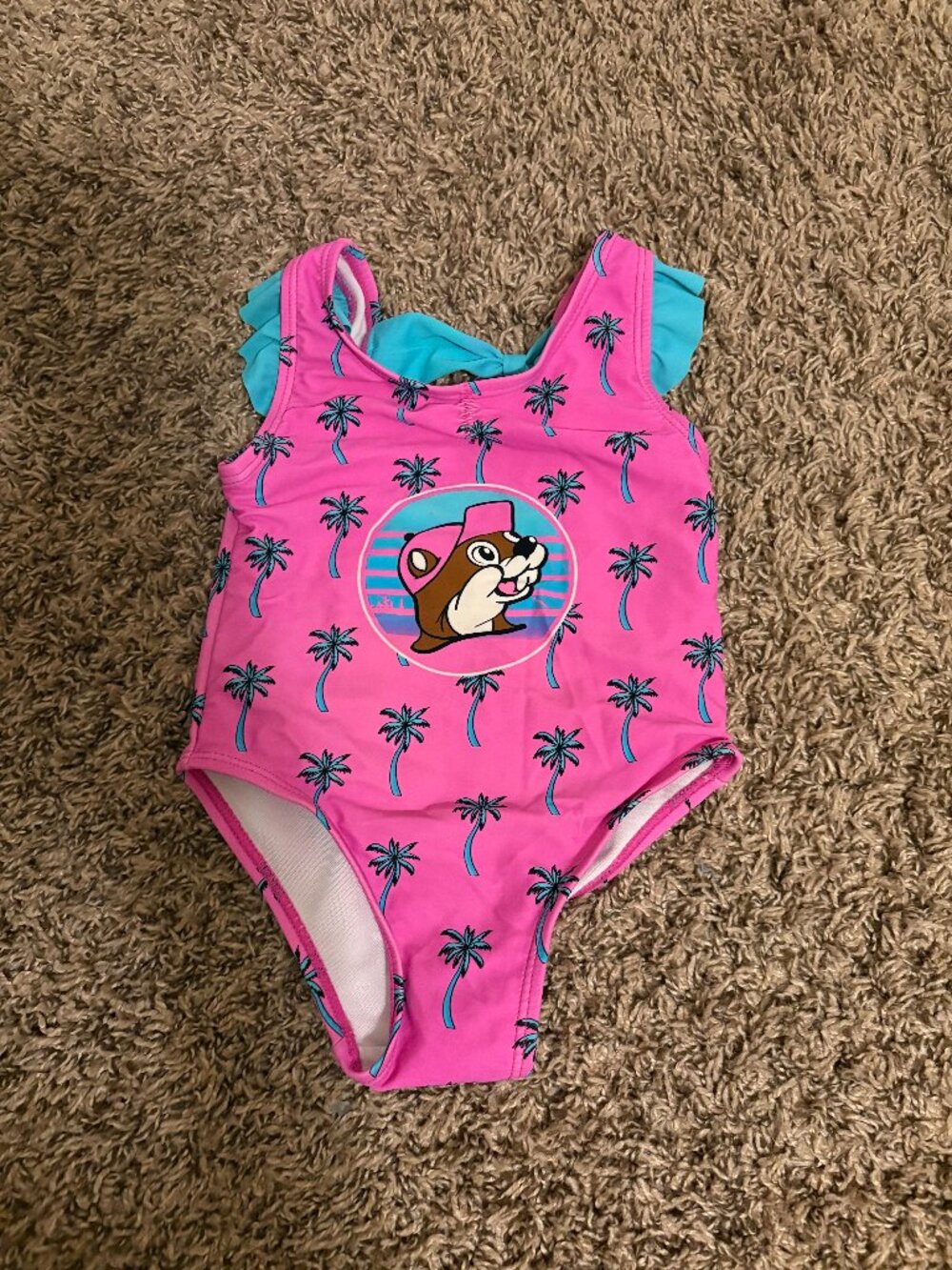 Buc-ee's One Piece Swimsuit 9-12 Months Pink Palm Tree Print Ruffle Sleeve Nylon